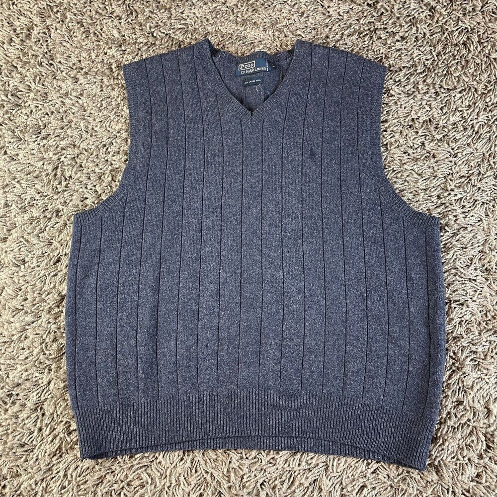 Polo Ralph Lauren Vest Mens Large L Lambs Wool Blue Knit Quilted Logo Golf USA